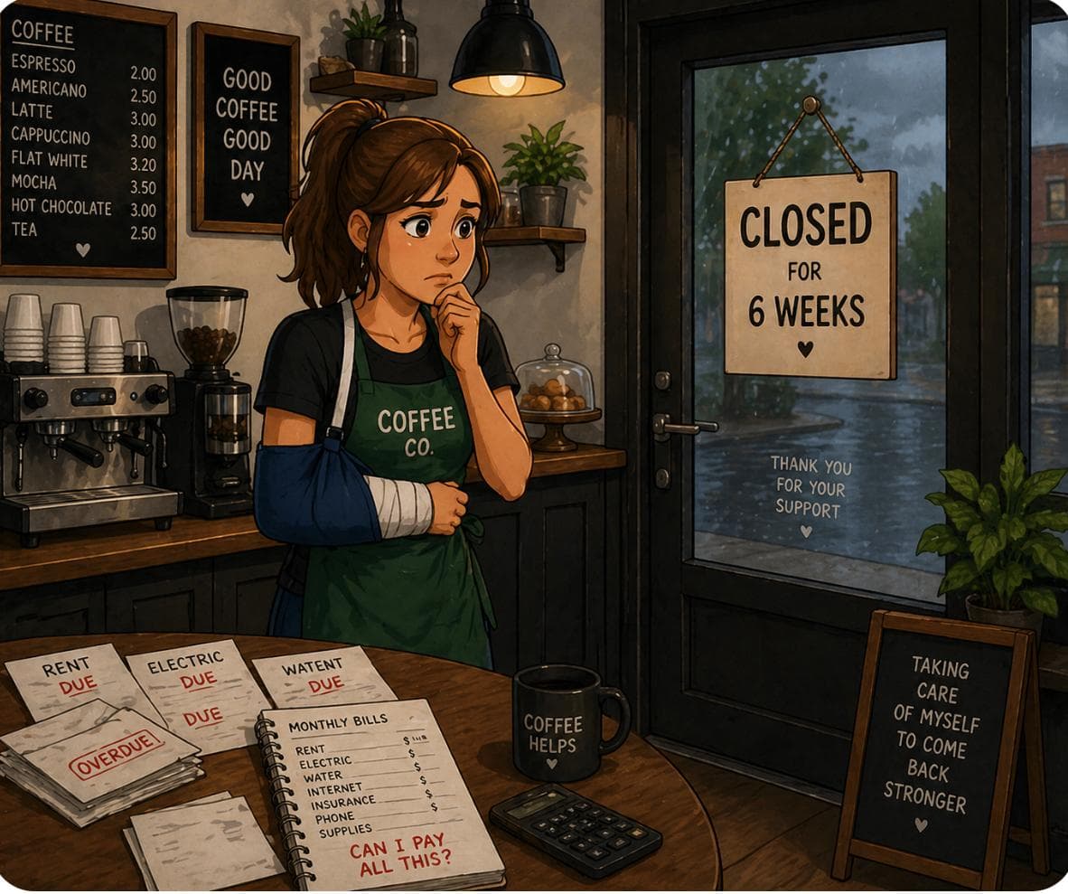 A young barista with her arm in a sling — coffee shop closed, bills overdue