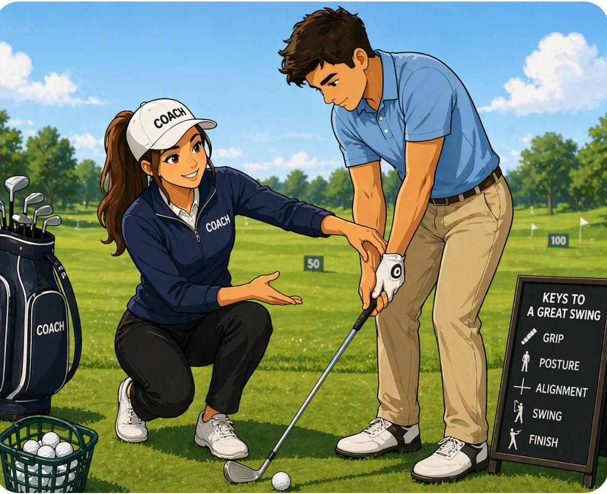 A golf coach giving a swing lesson