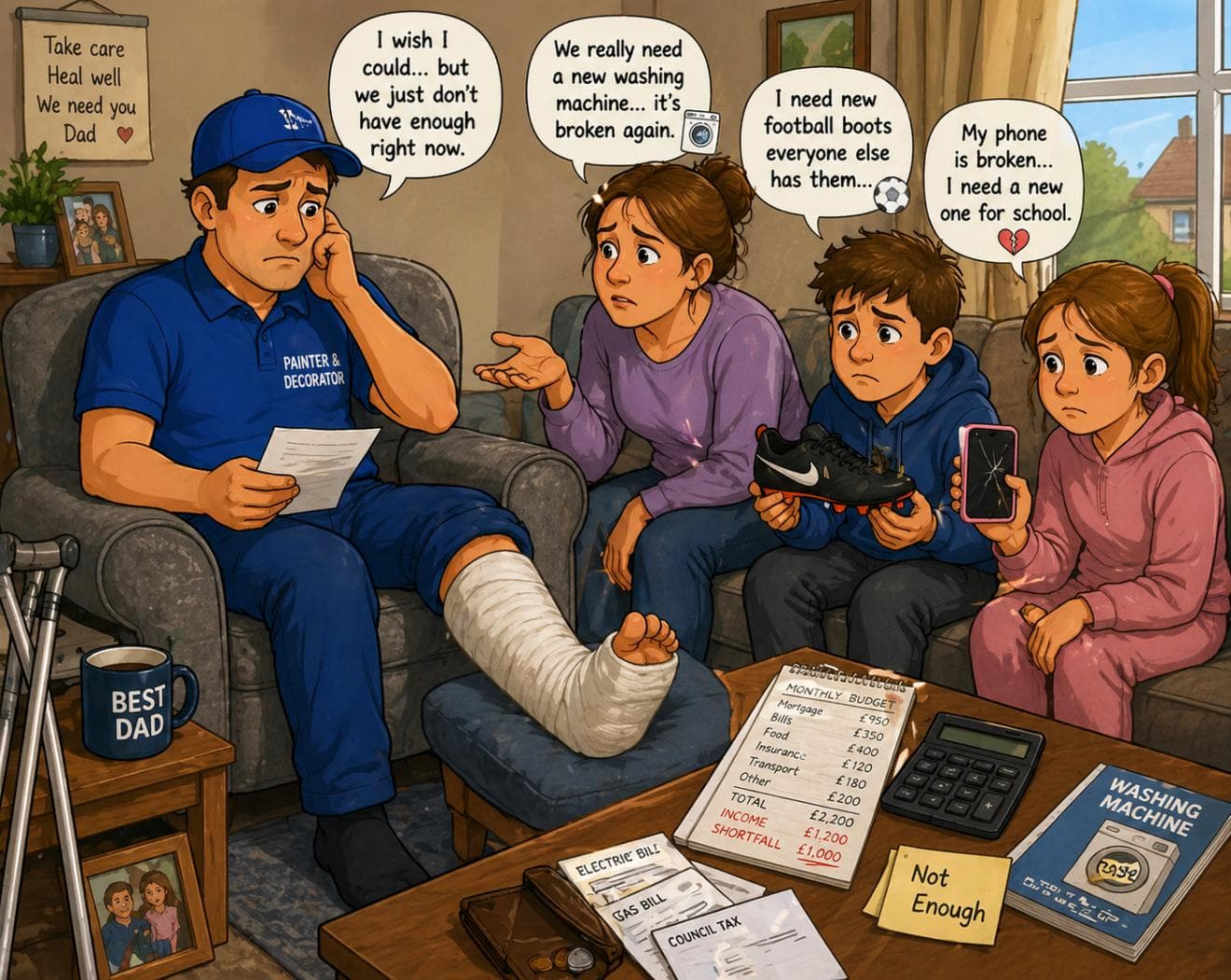 A dad with a broken leg, family worried about bills — what Friendly Shield protects against