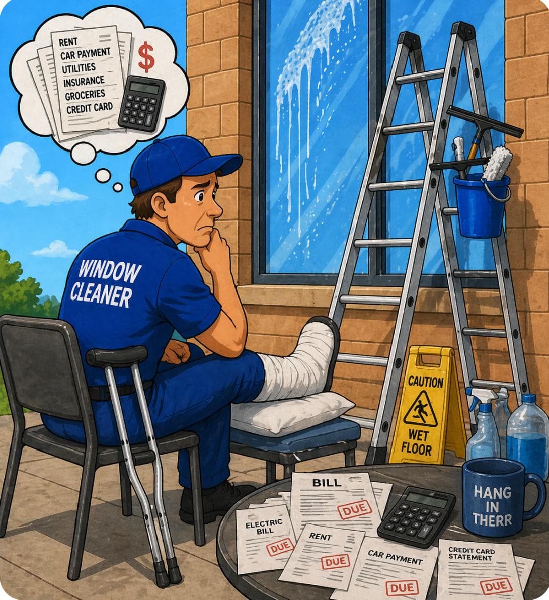 A window cleaner with a leg cast looking at a pile of overdue bills